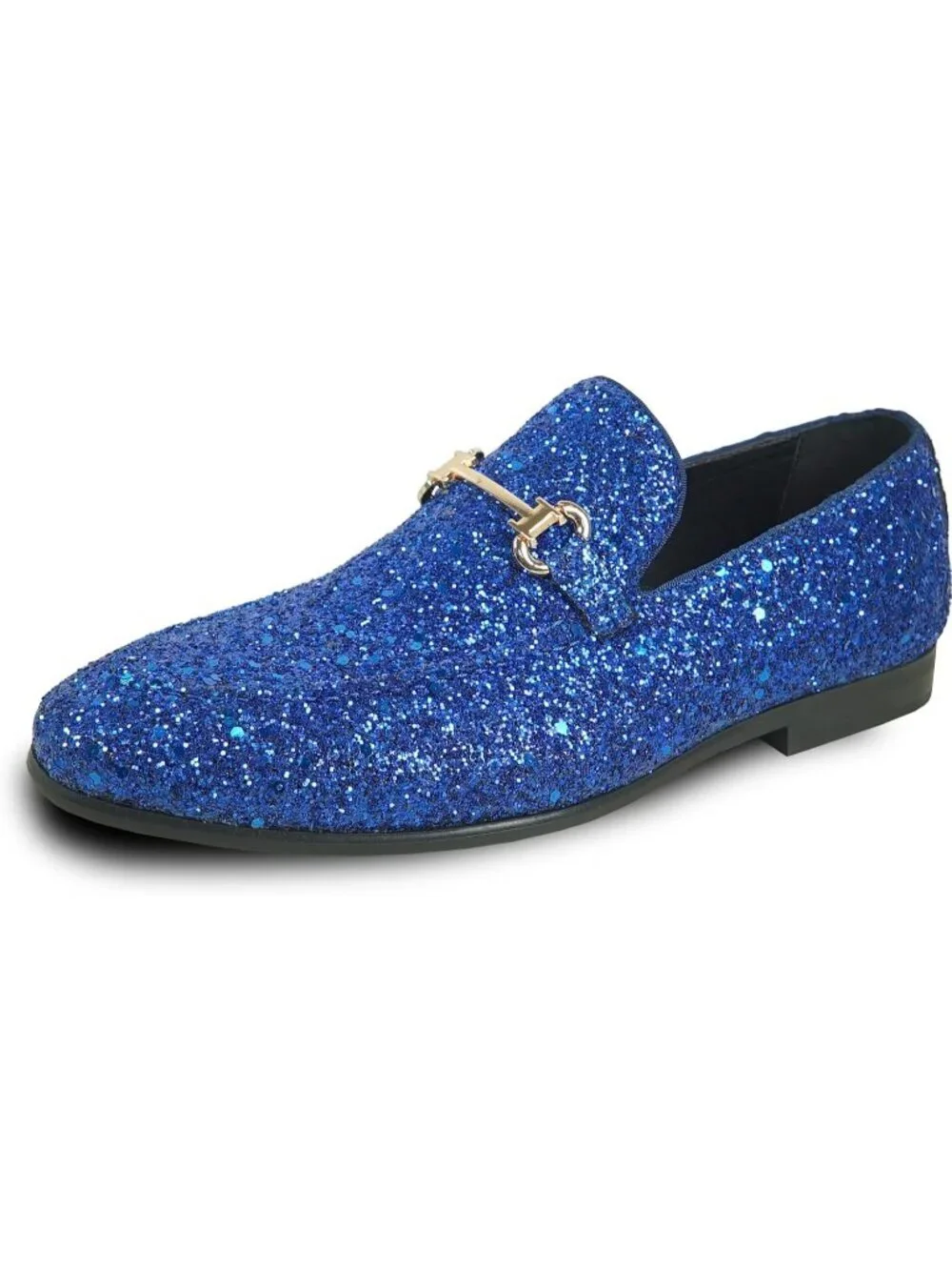 Men's Blue Glitter Loafers Metal Buckle Cap Toe Metallic Slip On Prom Shoes